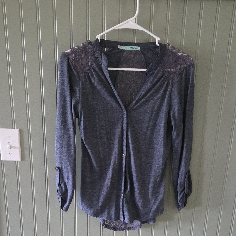 Gray Lace-Shoulder Button-Up Top